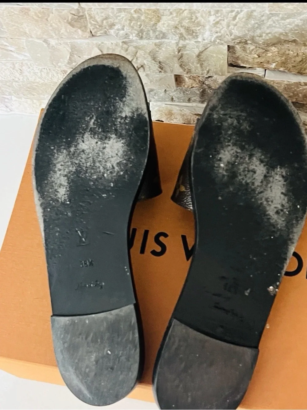 Authentic Louis Vuitton Black & Brown Monogram Slide Sandals.Box not included.